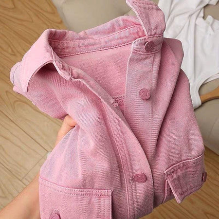 Deral Denim Jacket In Pink - close-up of front buttons, pink - Miss Mosa By Akanksha
