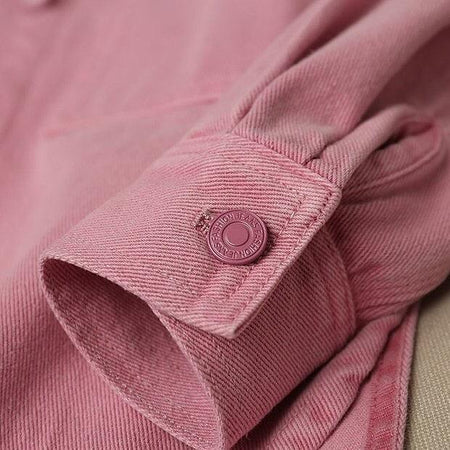 Deral Denim Jacket In Pink - close-up of cuff button, pink - Miss Mosa By Akanksha