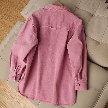 Deral Denim Jacket In Pink - back shot on hanger, pink - Miss Mosa By Akanksha