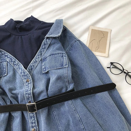 Derby Denim Shirt Dress - close-up of collar and pockets, blue - Miss Mosa By Akanksha