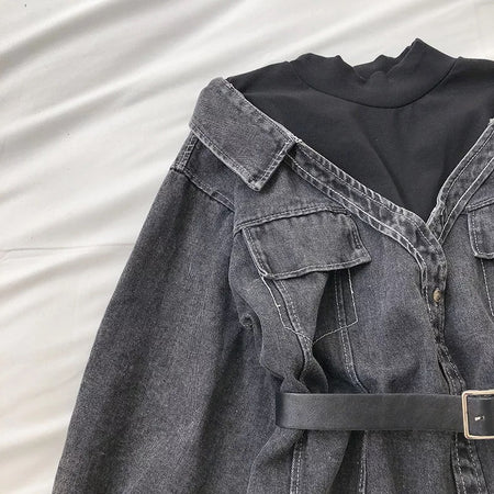 Derby Denim Shirt Dress - close-up of shoulder, grey - Miss Mosa By Akanksha