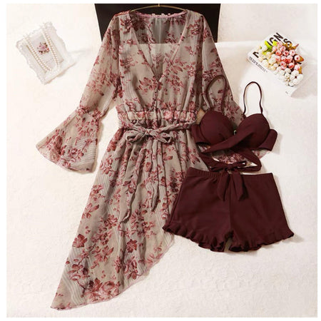 Deruk 3 Piece Swimsuit In Brown - styled flat-lay shot, burgundy - Miss Mosa By Akanksha