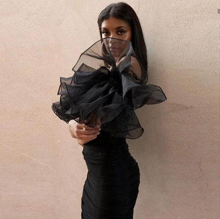 Diana Ruffled Dress - side shot on model, black - Miss Mosa By Akanksha