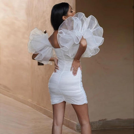 Diana Ruffled Dress - back shot on model, white - Miss Mosa By Akanksha