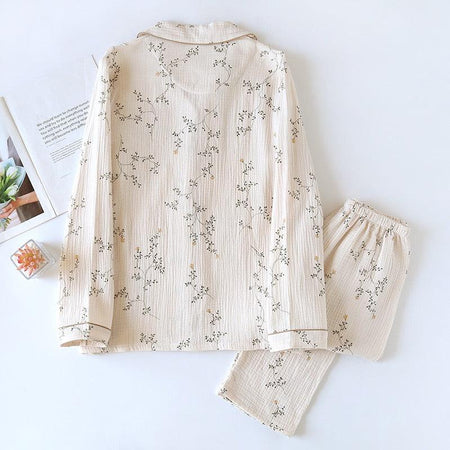 Diaz Floral Cotton Crepe Nightsuits In Off-White - flat-lay product shot, off-white - Miss Mosa By Akanksha