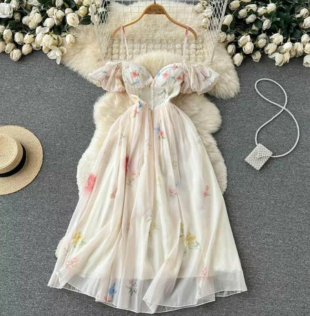 Disa Floral Midi Dress in Ivory - styled flat-lay shot, ivory - Miss Mosa By Akanksha