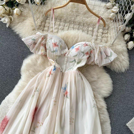 Disa Floral Midi Dress in Ivory - styled flat-lay shot, ivory - Miss Mosa By Akanksha