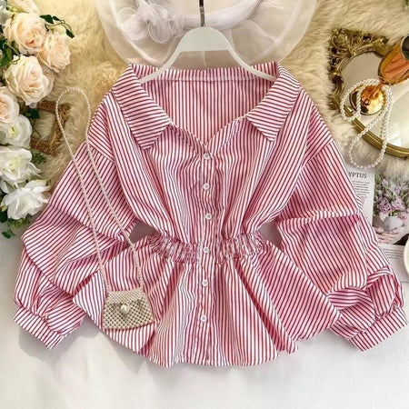 Donna Striped Blouse - styled flat-lay shot, pink - Miss Mosa By Akanksha
