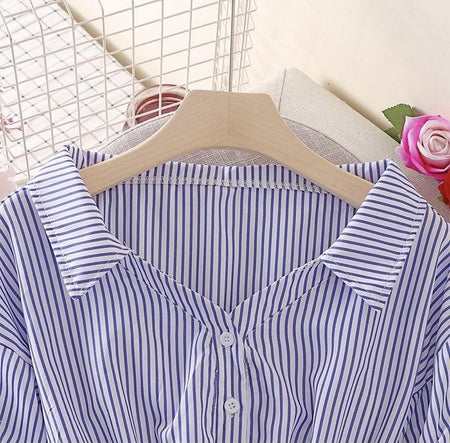 Donna Striped Blouse - close-up of collar, blue - Miss Mosa By Akanksha