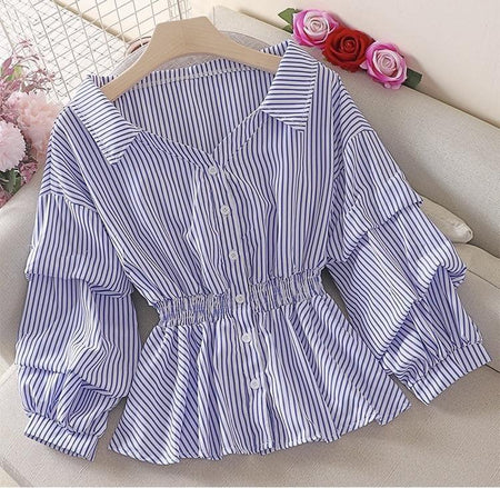 Donna Striped Blouse - front styled flat-lay shot, blue - Miss Mosa By Akanksha