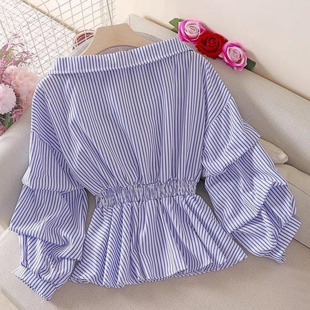 Donna Striped Blouse - back styled flat-lay shot, blue - Miss Mosa By Akanksha