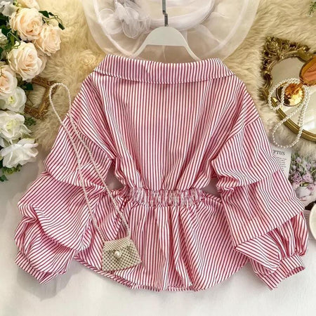 Donna Striped Blouse - back styled flat-lay shot, pink - Miss Mosa By Akanksha