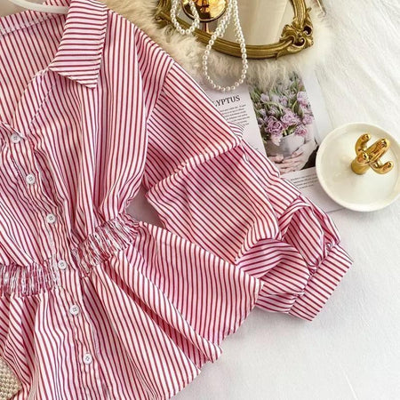 Donna Striped Blouse - close-up of fabric detail, pink - Miss Mosa By Akanksha