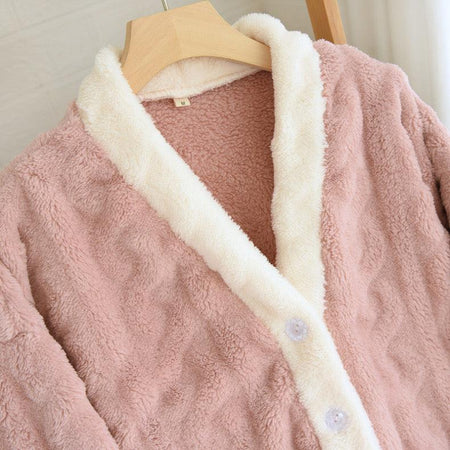 Eleanor Fleece Nightsuits - close-up of collar and placket, pink - Miss Mosa By Akanksha