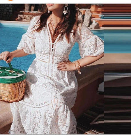 Elegant Jacquard Dresses - lifestyle shot on model, white - Miss Mosa By Akanksha