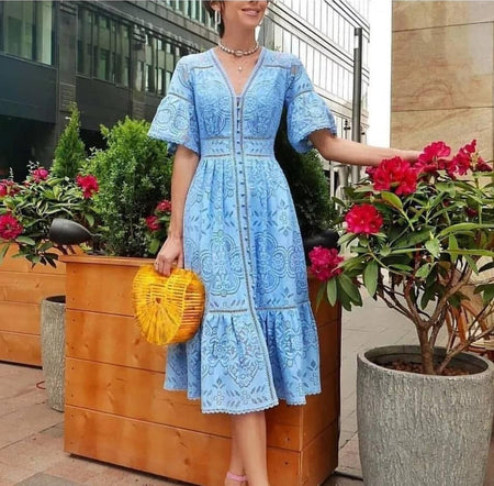 Elegant Jacquard Dresses - lifestyle shot on model, light blue - Miss Mosa By Akanksha