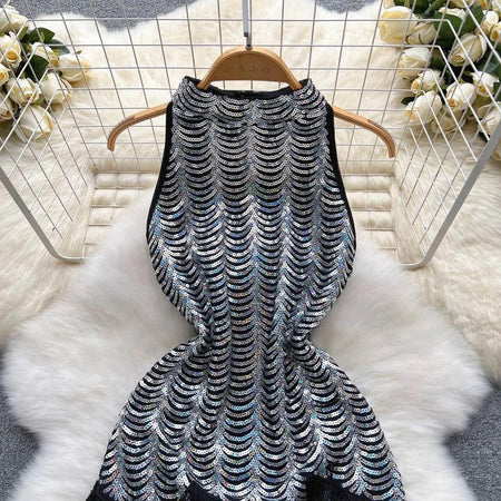 Emora Sequined Dress In Sliver - front shot on hanger, silver - Miss Mosa By Akanksha