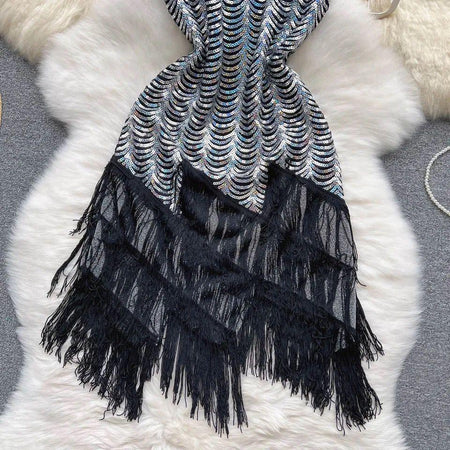 Emora Sequined Dress In Sliver - close-up of fringe, silver - Miss Mosa By Akanksha