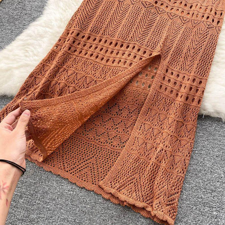 Esme Crochet Coord Set - close-up of skirt slit, brown - Miss Mosa By Akanksha