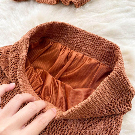 Esme Crochet Coord Set - close-up of waistband, brown - Miss Mosa By Akanksha