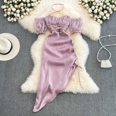 Etta Luxury Dress In Lilac - styled flat-lay shot, lilac - Miss Mosa By Akanksha