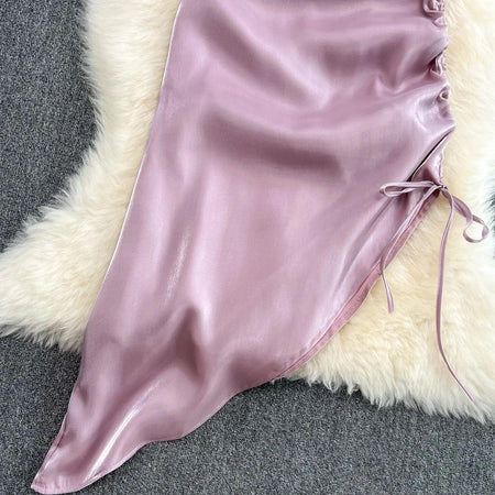 Etta Luxury Dress In Lilac - close-up of hem and side tie, lilac - Miss Mosa By Akanksha