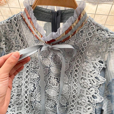 Evangeline Vintage Dress In Blue - close-up of lace collar, blue - Miss Mosa By Akanksha