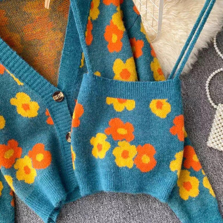 Evelyn Sweater Set In Teal Blue - close-up of floral knit, blue - Miss Mosa By Akanksha