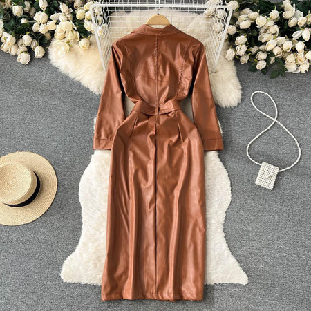 Fabian Leather Dress - styled flat-lay shot, brown - Miss Mosa By Akanksha