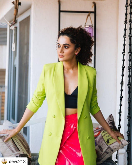 Fanatic Blazer Dress - lifestyle shot on model, lime green - Miss Mosa By Akanksha