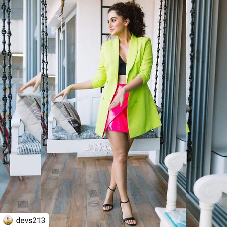 Fanatic Blazer Dress - lifestyle shot on model, lime green - Miss Mosa By Akanksha