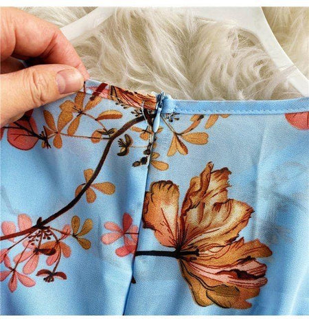 Filly Floral Maxi Dress - close-up of neckline zip, blue - Miss Mosa By Akanksha