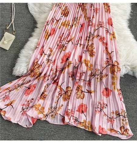 Filly Floral Maxi Dress - close-up of pleated skirt, pink - Miss Mosa By Akanksha