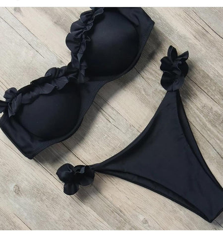 Floral Dream Bikinis - flat-lay product shot, black - Miss Mosa By Akanksha