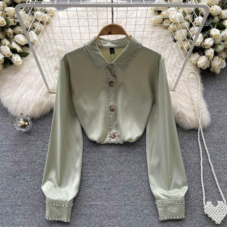 Freya Luxury Blouse - front shot on hanger, sage green - Miss Mosa By Akanksha