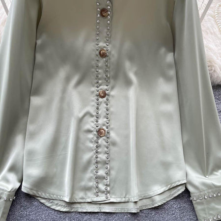 Freya Luxury Blouse - close-up of placket detail, sage green - Miss Mosa By Akanksha