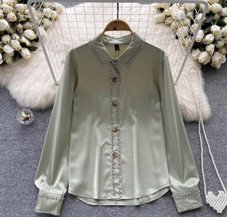 Freya Luxury Blouse - front shot on hanger, sage green - Miss Mosa By Akanksha