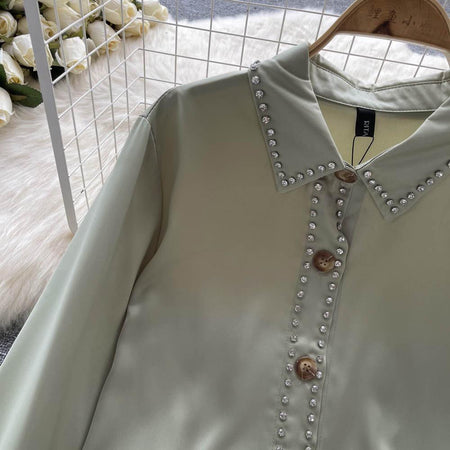 Freya Luxury Blouse - close-up of collar detail, sage green - Miss Mosa By Akanksha