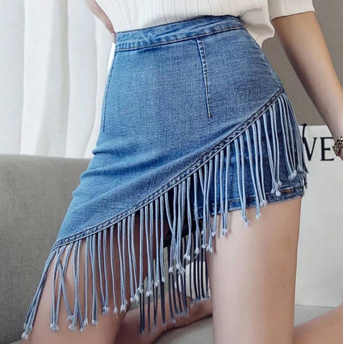 Fringes Denim Skirt in Blue
