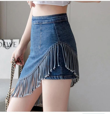 Fringes Denim Skirt in Blue - side shot on model, blue - Miss Mosa By Akanksha