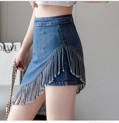 Fringes Denim Skirt in Blue