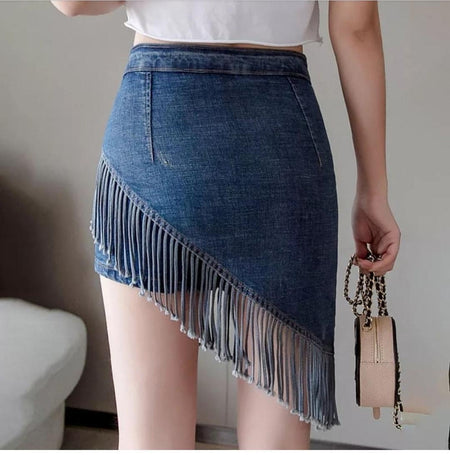 Fringes Denim Skirt in Blue - front shot on model, blue - Miss Mosa By Akanksha