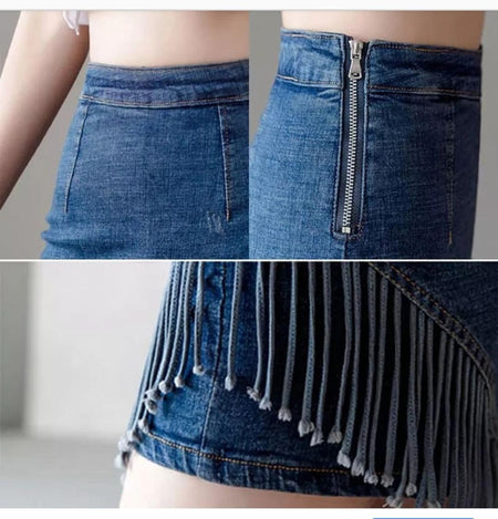 Fringes Denim Skirt in Blue - close-up of denim detail, blue - Miss Mosa By Akanksha