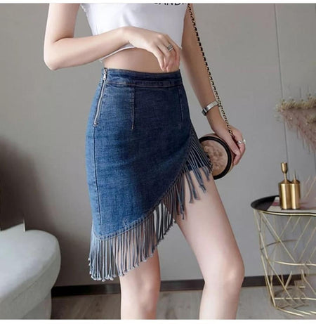Fringes Denim Skirt in Blue - side shot on model, blue - Miss Mosa By Akanksha