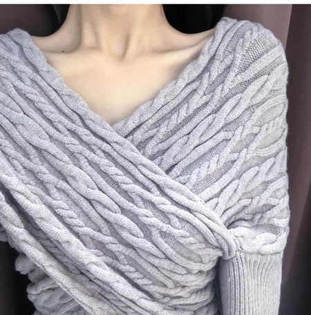 Gabriedy Ruched Sweaters - close-up of crossover knit detail, grey - Miss Mosa By Akanksha