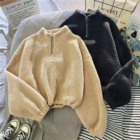 Gauster Fuzzy Sweatshirt - styled flat-lay shot, beige - Miss Mosa By Akanksha