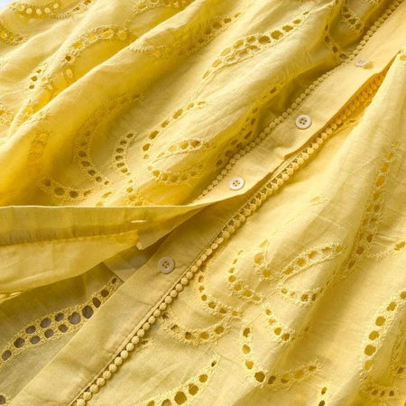 Ginny Cotton Dress - close-up of eyelet fabric, yellow - Miss Mosa By Akanksha