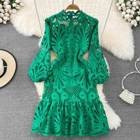 Glenda Lace Lined Bishop Sleeve Dress - styled flat-lay shot, green - Miss Mosa By Akanksha
