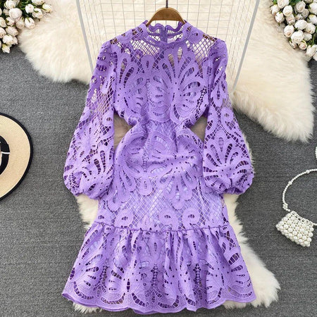Glenda Lace Lined Bishop Sleeve Dress - styled flat-lay shot, purple - Miss Mosa By Akanksha