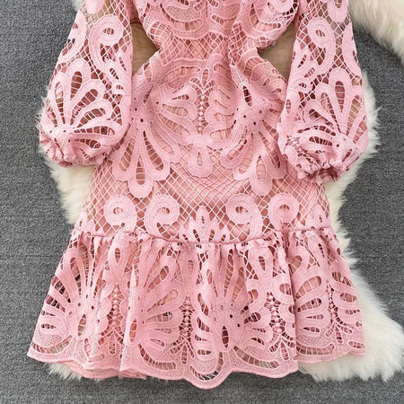 Glenda Lace Lined Bishop Sleeve Dress - close-up of lace skirt, pink - Miss Mosa By Akanksha